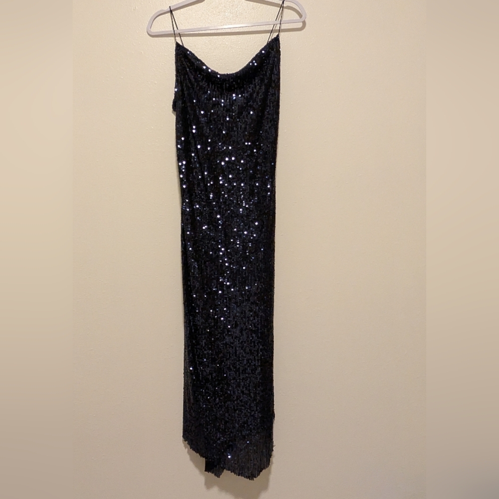 Zara Navy Sequin Spaghetti Strap Slip Dress